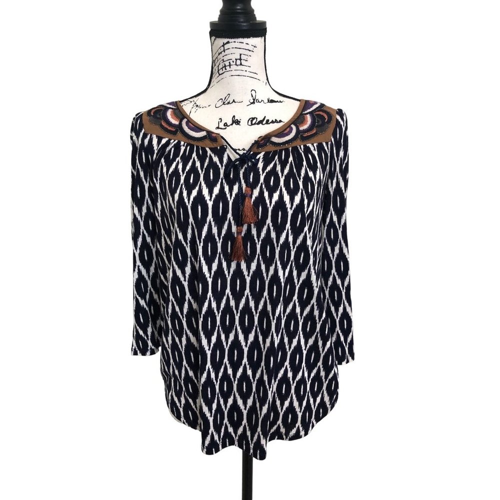 A Common Thread Anthropologie Women's Top Blue Ikat Embroidered Boho Size XS